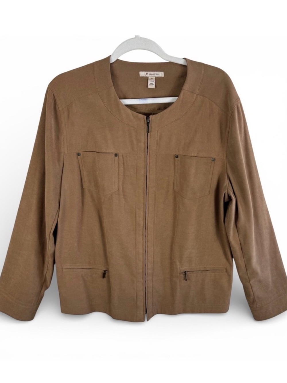 JM Collection Womens Plus Size 18 Tan Faux Suede Zip Front Jacket Chic‎ Brown